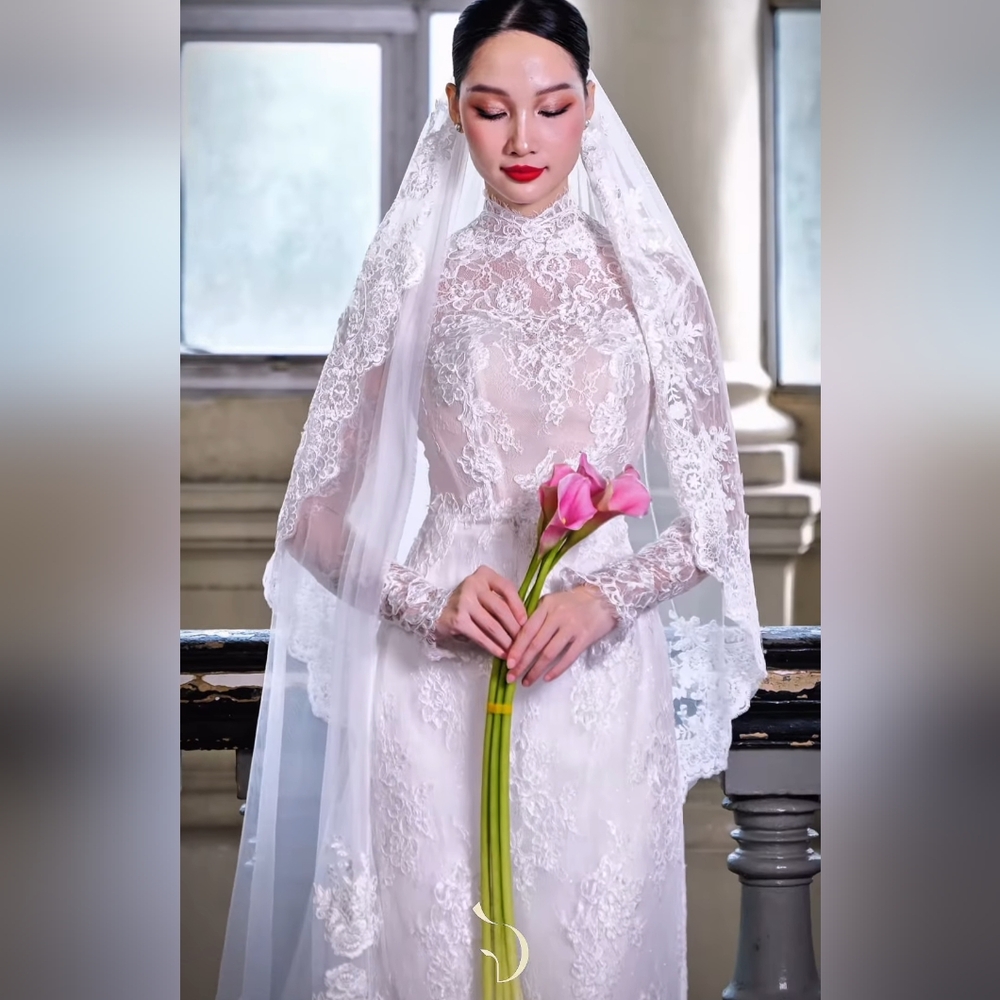 Hand-Made Aleçon Lace Bridal Dress, Silk Pants, & Two-Tiered Cathedral Veil